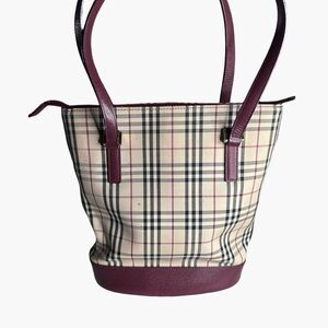 BURBERRY zip top nova check tote - burgundy leather - Vintage